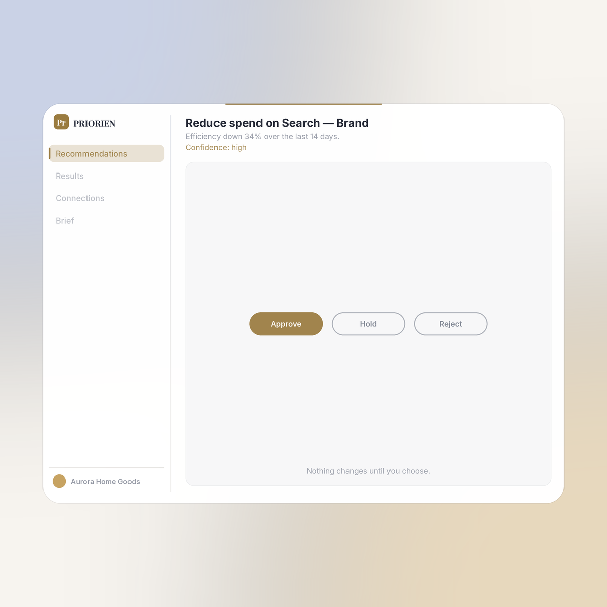 Sample recommendation with Approve, Hold, and Reject options.